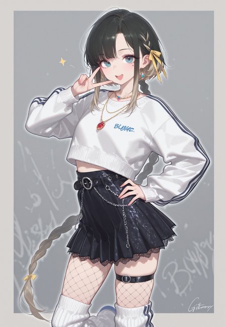 very awa, masterpiece, good aesthetic, best quality, absurdres,  hyper details, beautiful, gorgeous, very awa, masterpiece, good aesthetic, best quality, absurdres, looking at viewer, 

Realistic Hentai Style, realistic clothing, detailed clothing, ultra HD clothing, hyper realistic clothing, 

bushy eyelashes, thick eyelashes, long eyelashes, blushing, beauty mark, glossy lips, glittery eyeliner, 

bushy eyelashes, thick eyelashes, long eyelashes, blushing, beauty mark, glossy lips, glittery eyeliner, 

(Beige hair, black hair tips, short bob cut, sharp hair, messy hair strands, hime sidelocks, extended sidelocks, long sidelocks, asymmetrical bangs, singular low braid, extremely long braid)

Cropped shirt with graphic, sports bra, long sleeve jacket graffiti patterns, various jewel necklaces, high waist creased black leather pleated skirt distress hole, lace skirt trim skirt chain, bulky belt, oversized leg warmers, big bulky oversized roller skate trainers, graffiti patches, asymmetrical fishnet leggings, frilly thigh strap, underskirt shorts

Mature face, excited expression, big bright beautiful open mouth smile, in motion,standing pose, hand on hip, hair ribbon braid, hair ribbon, gyaru peace sign, hand peace sign, 

character outline, border


