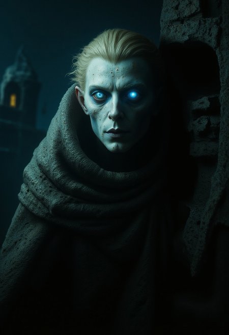 Ethereal humanoid figure with translucent pale skin that shimmers in moonlight, abnormally large reflective blue eyes adapted for night vision, Covered in shadows, stocky build, light blonde hair. Dressed in simple clothing, standing near ancient stone fortress ruins in Appalachian mountains. Nocturnal being who retreats from sunlight. Medieval fantasy style, mystical atmosphere, moonlit scene, in the style of ck-ncr,