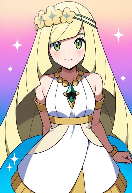 2d, masterpiece, best quality, amazing quality, 1girl, solo, close-up, standing, smile, upper body, leaning_forward, looking at viewer, multicolored background, sparkle, gradient background, colorful background, green background, blue background, lusamine \(pokemon\), blonde hair, green eyes, flower wreath, head wreath, bead necklace, sleeveless dress, blue dress, white dress, bare shoulders, armlet, bracelet