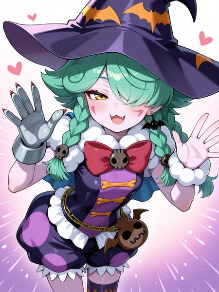 single glove, abyss actor - leading lady,1girl,solo,hair over one eye,smile,:3,open mouth,facial mark,purple skin,skull hair ornament,purple witch hat,bat bag,red bow,purple dress,purple bloomers,,single legwear,single wrist cuff,bat earrings,blue cape,half-closed eye,naughty face,leaning forward,waving,
masterpiece,best quality,amazing quality,very aesthetic,absurdres,newest,<lora:Abyss Actor - Leading Lady illusXL v1.2:0.72>,