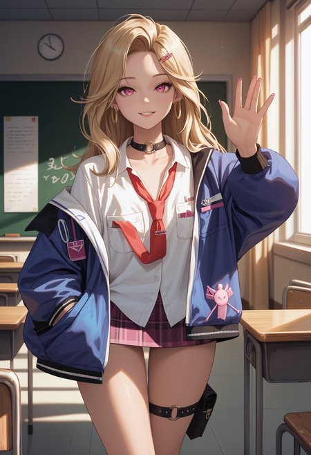 score_9, score_8_up, score_7_up, source_anime BREAK 1girl, solo, <lora:ein-nikke-richy-v1_pdxl:1> nnkk, pink eyes, blonde hair, long hair, hairclip, hoop earrings, black choker, white shirt, red necktie, loose necktie, breast pocket, blue jacket, plaid skirt, standing, looking at viewer, pink nails, parted lips, thigh strap, thigh pouch, standing, indoors, classroom, smile, waving