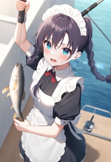 1girl,sincos, ningen mame, toosaka asagi,solo,medium breasts,20yo,maid,maid headdress,
fishing, fishing rod, fish, boat, holding fishing rod, holding fish, ocean, day, arm up, water drop, fishing line, <lora:fishing_XL_v1:0.8>
from above, cinematic angle, looking down, purple hair, aqua eyes,anguish,  open mouth, braid ponytail hair,,
best quality, very aesthetic, absurdres