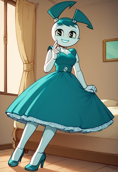 (Masterpiece, best quality:1.2), score_9, score_8_up, flat color, flat shading, soft shading, lighting, Jenny Wakeman as an adult, in a 1950's full length formal blue skirt, a white belt, button down v-neck formal black top, a fluffy frilly ruffled full white petticoat, and black high heels, dress, layered petticoat, frilly petticoat, fluffy petticoat, full petticoat, detailed petticoat ((wide skirt, detailed outfit, flowing skirt, long skirt, solid blue colored skirt, black high heels)), blue hair, series accurate, cute, best high quality, high res, robot, humanoid robot, medium breasts, whole body shot, 1girl, ((solo, inside, in a romantic bedroom, sitting on the bed, sitting, bent knees, looking at you, low angle)), cute, seductive, seductive smile, half lidded eyes, low angle shot, cartoon, cartoon style, vector, solo, circle dress, 1950s, whisperfoot_style, dance dress jenny, jenny wakeman, 1girl, solo, robot joints, black eyes, white skin, ponytail, hair bow, blue rose chest corsage, poofy dress, blue hair, flat lighting