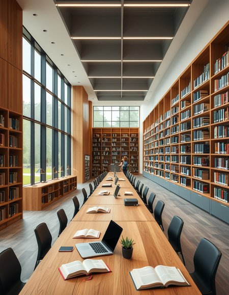 A high-resolution, ultra-realistic photograph of a modern college library interior. The scene showcases a spacious, open-plan design with large floor-to-ceiling windows allowing natural daylight to flood the space. The architectural style is contemporary, featuring minimalist furniture with clean lines: sleek wooden tables, ergonomic chairs in neutral tones (gray and beige), and built-in bookshelves made of light oak wood.
In the foreground, a group of diverse students (varied ethnicities and genders) are quietly studying, some using laptops, others reading books, with focused, calm expressions. One student is sipping coffee from a reusable cup.
The background displays rows of neatly organized books, indoor plants adding a touch of greenery, and modern pendant lights hanging from the ceiling, providing warm, ambient lighting. The floor is covered with soft gray carpet, and large abstract paintings decorate the walls, contributing to a cozy and intellectual atmosphere.
The overall mood is peaceful, studious, and inspiring, with balanced natural and artificial lighting, crisp details, and realistic textures, captured as if by a professional architectural photographer using a full-frame camera.
 <lora:SDXLFaeTastic2400:0.4> <lora:extremely_detailed:0.4> extremely detailed,<lora:modern_c0ll3g3_l1br4ry:1>,modern c0ll3g3 l1br4ry, Masterpiece,best quality,hi res,8k,hi res,8k,award winning,(sharp focus, intricate, highly detailed),