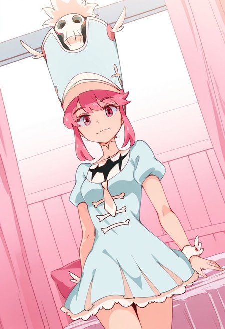 Jakuzure_Nonon, Jakuzure_Nonon, pink_eyes, pink_hair, short_hair_with_long_locks, small_breasts, shako_cap, blue_hat, blue_dress, turtleneck_dress, white_necktie, puffy_short_sleeves, frills, wrist_cuffs
1 girl, , cowboy shot, smile inside, bedroom, dutch angle, posing, 
looking at viewer
nyuu_style