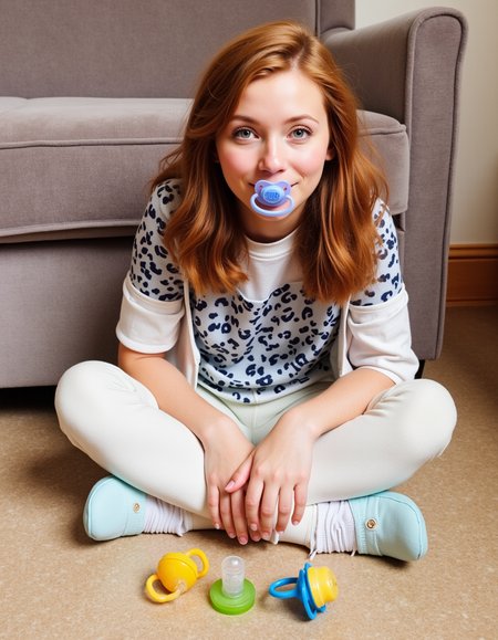 <lora:Dummies (Flux):1>,a woman sitting with a pacifier in her mouth,dummies,looking at viewer,sitting,pacifier,