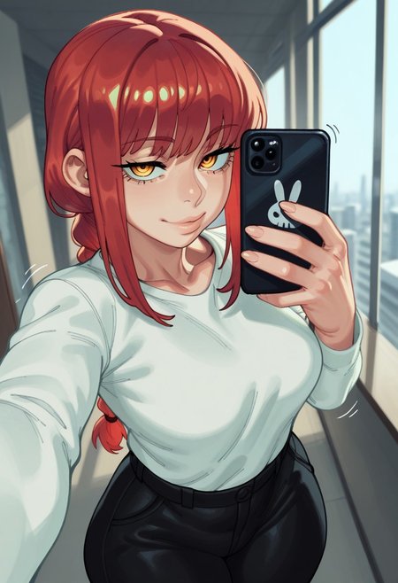 fine detail, high quality eyes, amazing quality, very aesthetic, high resolution, Masterpiece, best quality, (eigaka:0.6), (S4s4k1Nsfw), 
solo, looking at viewer, standing, seductive pose, portrait, face close-up shot, selfie, holding smartphone, 
1girl, makima from chainsaw man, red hair, long hair, yellow eyes, white shirt, black pants, (medium breasts), arrogant face, thin lips, cute, motion lines, motion blur, 
office background, day, indoors
