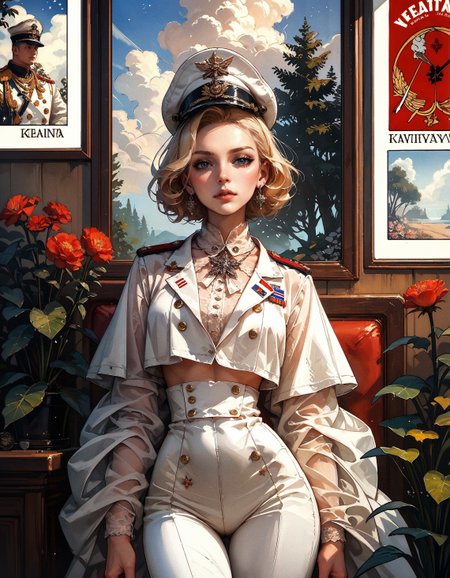 score_9, score_8_up, score_7_up, score_6_up, score_5_up, score_4_up,  (soviet poster style illustration, bold title:1.3), perfect female body, narrow waist, perfect curves, (naval warship at sea), 1girl, looking at viewer, (intricate detail, sexy, cool, alluring, erotic), parted lips, white parade uniform, white pants, uniform, captain hat, short blonde hair