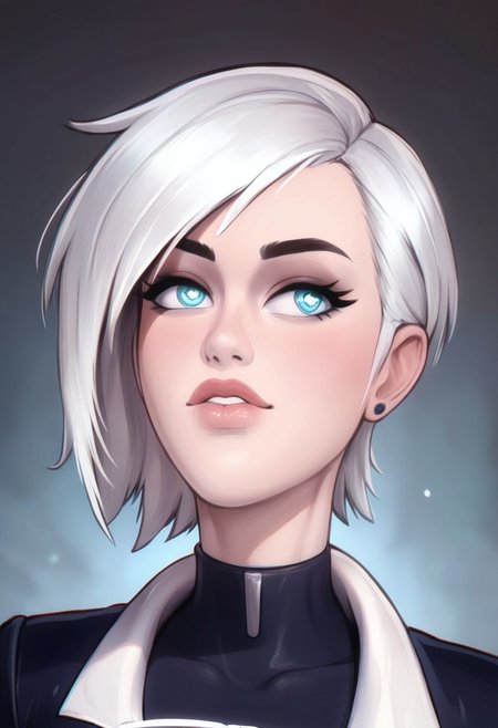 score_9, score_8_up, score_7_up, score_6_up, PRSNL_3_1, uncensored, pupils black dots, lips,
upper body, 
MKFrost, 1girl, white hair, blue eyes, short hair, bodysuit