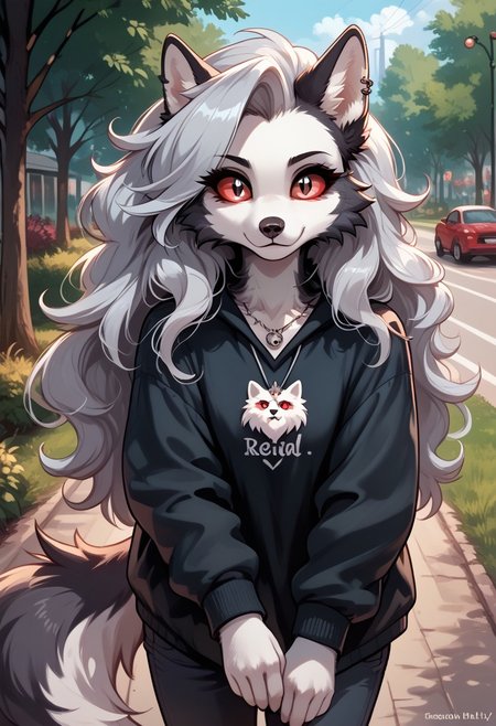 score_9, score_8_up, score_7_up, MegaFluffyPony, furry, fluffy, egirl, Loona Hellhound_(Helluvaboss), Red Scelera, Colored Scelera, Grey-White Fur,  slit-like pupils, White Irises( loose hair flowing hair) 5.5 extremely detailed), cute, very fuzzy, cute walking with a husky dog in the park