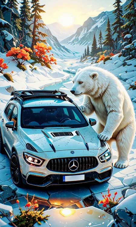 masterpiece, best quality, amazing quality, very aesthetic, absurdres, newest
surreal automotive photography, high-detail rendering
three/fourth view of white off-road vehicle, mercedes-benz g-class, slightly turned, placed on cracked ice
white polar bear stands beside, large orange flowers bloom around, ice fjord, tundra, snow valley, green moss
winter forest, misty atmosphere, soft natural light
soft and diffused, golden sunlight, reflections on ice, cinematic glow
wtfisthis, in the style of cknc, aidmafluxpro1.1 <lora:spo_sdxl_10ep_4k-data_lora_webui:0.8> <lora:reij-detaILer v2:0.4> <lora:ck-nc-cyberpunk-IL-000011:0.4> <lora:Wtf-is-this-LoRA:0.4> <lora:aidmaFLuxPro1.1-IL-v0.3:0.6>