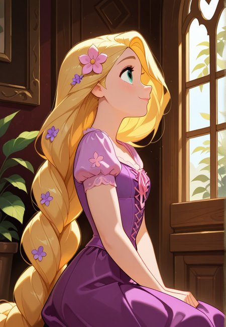 masterpiece, best quality, amazing quality, very aesthetic, absurdres,  newest, detailed background, cowboy shot,  indoors, dynamic angle, perfect eyes, beautiful eyes,
rapunzelxd, 1girl, looking up, long hair, solo, very long hair, blonde hair, flower, absurdly long hair, sitting, hair flower, hair ornament, puffy sleeves, purple dress, profile, dress, from side, short sleeves, smile, see-through, leaf, puffy short sleeves, single braid, braided hair, 
 <lora:Rapunzel_-_Disney_Illustrious_r1:1>