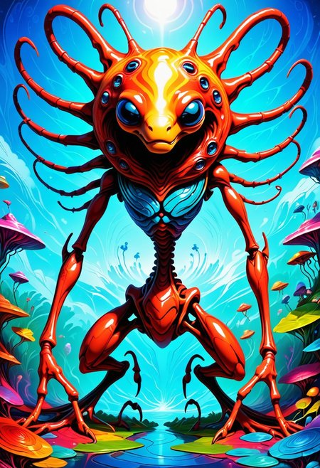 --(very aesthetic, best quality, ultra detailed), intricate details,
masterpiece, perfect, award winning, prize winning, concept art, Jed-Spl4sh, 
alien space creature, segmented body, multiple eyes,  techno insectoid, pudgy limbs, shiny body, chitlin, antenna, reflective body, alien planet, lush wildlife, colorful, vibrant colors, color contrast, bold lines, crisp lines, sharp lines , asymmetrical,