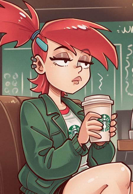 41b0style,   masterpiece, best quality, solo,                                                                                                                                                              frankie foster, seated in starbucks, holding coffee cup, red hair, green jacket, unimpressed, sitting, restaurant