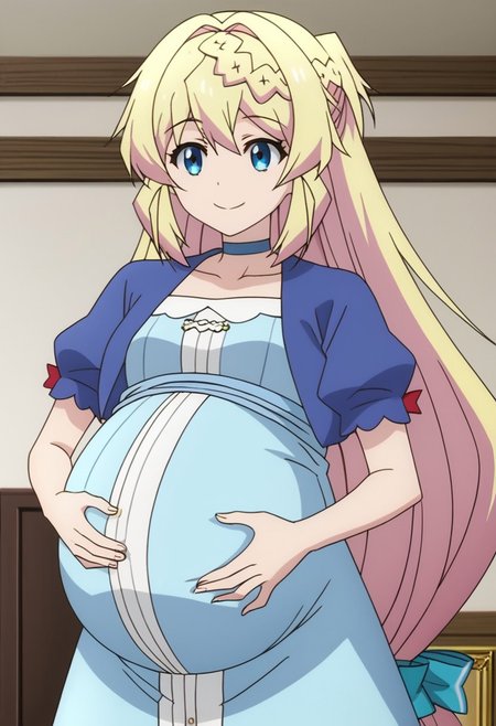 best quality, masterpiece, 4k, perfect lighting, very aesthetic, anime, anime coloring, official art, anime screencap, bedroom, (large pregnant belly:1.3), happy, smile, (hands on belly:1.5),
azusa, blonde_hair, blue_eyes, braid, very_long_hair, short_sleeves, blue_choker, blue_jacket
(pregnancy clothes:1.5), (covered belly:1.5)