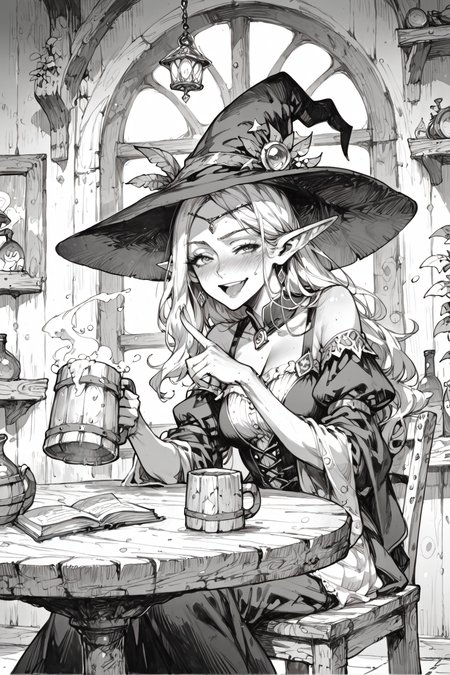 score_9, score_8_up, score_7_up, score_6_up, score_5_up, score_4_up, <lora:GraphiteSketch:0.6>, gr4ph1t3, monochrome, 1girl, fantasy character, witch, witch hat, mage, sorceress, elf, <lora:Fant5yP0ny:0.7>, bangs, fringe, adult, drunk, inebriated, eyes half-open, satisfied sigh, close-up, (simple background:0.5), sitting in chair, tavern table, simple wooden table, black and white, book, holding up finger, pointing up, bad posture, leaning back, tilting head back, tavern corner, walls