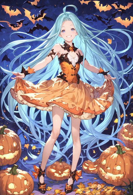 score_9, score_8_up, score_7_up,score_6_up, source_anime, best quality, aesthetic, absurdres, realistic, 
full body, 
halloween, halloween costume, happy halloween, official alternate costume, 
1girl, solo, smile, (clear eyes:1.1), looking at viewer,
Lyria (Granblue Fantasy), very long hair, blue hair, (body_slim:1.1), small breasts,
<lora:Lyria-Pony:0.8>  <lora:IshikePony:0.2>