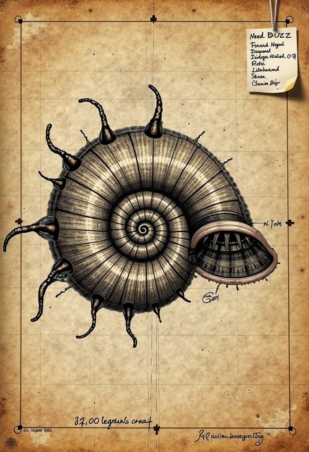 <lora:Flux-Davinci-ink-sketch-V2.safetensors:0.9>,  a davinci diagram in the style of the voynich manuscripts, depicting a chambered nautilus being inspiration for an underwater ship, inspired by 40,000 leagues under the sea. hand written annotations, aged parchment, Machina Magnifica. Note affixed that says "Need BUZZ for more research", 4k quality