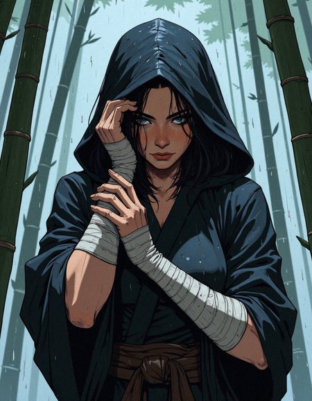 hyper-realisitic, hyper-detailed, detailed foreground, detailed clothing, detailed lighting, Comic book illustration, aidmansfwunlockfluxponystyle, A striking anime-inspired illustration of a mysterious kunoichi warrior in a rain-soaked forest, adjusting her bandages with unwavering focus. Her piercing eyes glow beneath the shadow of her drenched hood, while strands of her sleek black hair stick to her rain-kissed cheeks. She dons a dark, flowing robe cinched at the waist with a knotted sash, the fabric clinging to her athletic frame due to the rain. The intricate folds of her outfit absorb the storm, with dynamic ripples forming as droplets impact the surface. Her wrapped forearms contrast against her dark attire, emphasizing the refined dexterity of a trained assassin. The blurred background of towering bamboo sways in the storm, their faint silhouettes lost behind a curtain of mist and rainfall, adding to the ethereal yet intense atmosphere.                  <lora:aidmaNSFWunlock-FLUX-PonyStyle-v0.1:0.4000000000000001> <lora:Comic_Style_-_FLUX:0.6000000000000001>