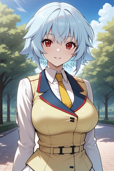 masterpiece, best quality, 1girl, solo, <lora:tatenashi-illu-nvwls-v1-000006:1> tnshi, light blue hair, short hair, red eyes, large breasts, white shirt, white sleeves, collared shirt, yellow necktie, yellow vest, white skirt, blue sky, park, tree, looking at viewer, clouds, smile, parted lips, upper body