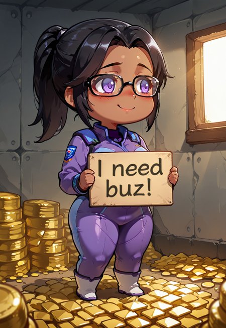 safe_pos, 1 girl, chibi, soft light, shy smile, ((dark skin:1.0)), ((black hair)), (straight ponytail), (black glasses), (beautiful detailed purple eyes), (purple pilot uniform), average breasts, thick thighs,  plumped,  need_buzz, holding sign, shy looking, looking away, pleading face, in a shed, ((pile of gold tokens behind her)), 

cinematic lighting