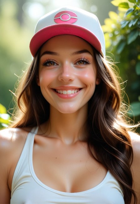 score_7_up, score_6_up, score_5_up, score_4_up, score_9, score_8_up, 8k, hilda from pokemon, brunette, long hair, beautiful girl, young, pokem cap red and white, realistic lighting, photo, photorealistic, beautiful face and eyes, perfect eyes, glossy lips, happy, smile, closed mouth, looking at viewer, sexy slim fit athletic body, beautiful large breast, large puffy nipples, erect nipples, round breast, perfect hand, perfect five fingers hand, wearing sexy slim white tank top, upper body shots, head to thighs, sexy pose, perfect photo shots, from different angle shots, cinematic lighting, garden view,