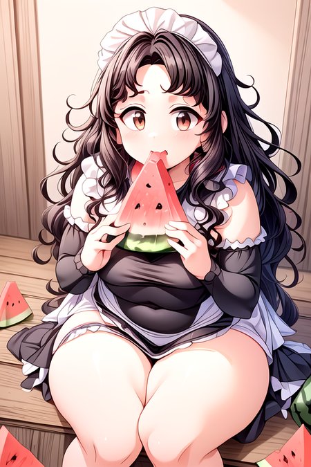 (masterpiece:1.4), high quality, high definition, sharp focus, detailed clothes, detailed body, detailed face, anime, best quality, 4k, 8k, absurd resolution, intricate detail, detailed hands, detailed eyes, animation, illustration, highly detailed, highres, extremely detailed, <lora:hyperdenoiser_v090:0.6>, <lora:perfetfingers:1>, OverallDetail, ah1, <lora:hyperrefiner_v090:0.6>, <lora:add_detail:1>, <lora:ETO_OCC002:0.7> ETO_OCC, black hair, (curly hair:1.5), long hair, thick eyebrows, (looking at viewer), (fat), (hazel eyes:1.3), (parted bangs:1.4), 1girl, skindentation, <lora:softservice:0.7> softservice, maid costume, full body, maid, maid headdress, maid apron, (sweet smile),  <lora:EatingWM:1> EatingWM, (eating watermelon:1.4), (watermelon), (holding watermelon), (girl with a slice of watermelon in her hand)