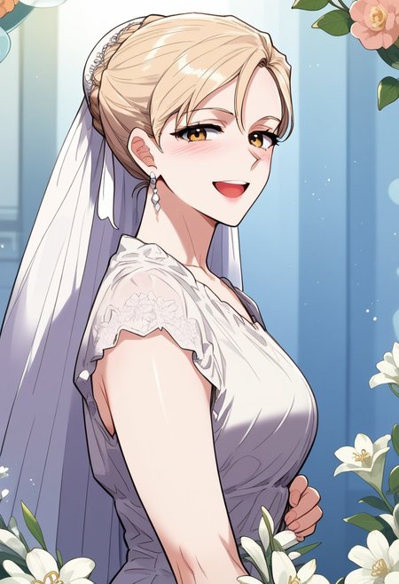 zPDXL3, score_9_up, score_8_up, score_7_up, (Anime_source), 1girl,LeeHaemi, amber eyes, light blonde hair, long hair, from side, looking at viewer, dutch angle, smile, little blush, open mouth, half closed eyes, Haemi wedding dress, bun hair, braid, holding flower