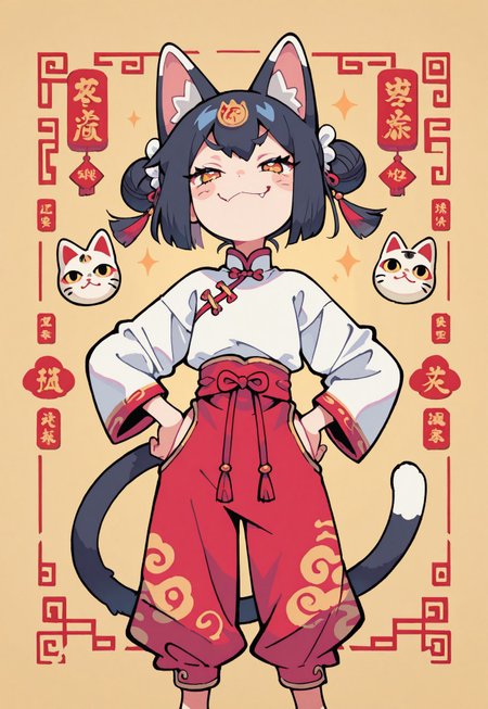 1 girl , solo , chinese shirts , chinese pants , maneki-neko cat girl , cat tail , smug ,

masterpiece, best quality ,amazing quality ,S4bit4mago_illu , Protoneon  ,s0wasow4rt_illu,