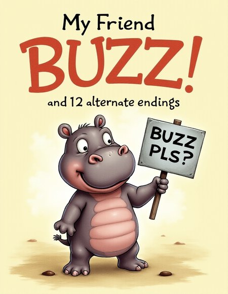cy04, a book titled âMy Friend BUZZâ, "and 12 alternate endings" an illustration of a baby hippopotamus holding  metal sign that says "BUZZ PLS?  <lora:choose-your-own-adventure:1>