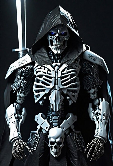 (masterpiece:1.2), best quality, high resolution, perfect lighting, extremely detailed, (Terminator assasin),  battle scared white and black carbon armor,  Wearing a dark cloak with hood, skull face just visable under hood, full_armor, humanoid, Metal Human skull head, (extreme detailed micro mechcanical scary Metal human skull design). Samurai sword shinning silver, Runes decorative embossments over his cloak, slim muscular body fast agile and stealthy, background a dark back street with subtle lighting and shadows, facing viewer, solo,