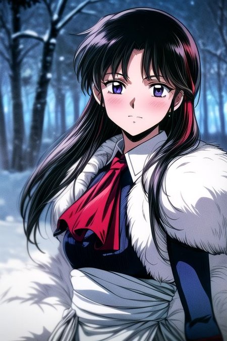 1girl Setsun4 solo long hair,  black hair very long hair purple eyes multicolored hair armor (fur trim) (medium body),<lora:EMS-179-EMS:0.800000>,<lora:EMS-293862-EMS:0.800000> bow, hair_bow, hair_tubes, red_bow, brown_hair, long_hair, bangs, ascot, frilled_bow, yellow_ascot, blush, smile, hair_between_eyes, athletic, (masterpiece:1.1), (best quality:1.1), 1girl, Real light and shadow, anime face, 4k, 8k, wallpaper,epic, detail texture, black hair, (blue eyes:1.5), ((((black hair:1.35, medium hair)))),intricate eyes,beautiful detailed eyes,symmetrical eyes,big eyes:1.5,(((lustrous skin:1.5,bright skin: 1.5,skin tanned,shiny skin,very shiny skin,shiny body,plastic glitter skin,exaggerated shiny skin,illuminated skin))),(detailed body,(detailed face)), cute, erotic,daring, (((medieval man armor,adventurer man armor,winter coat))),(((intricate outfit,intricate clothes, ushanka, embroidered outfit,ornate outfit,embroidered clothes,ornate armor))), (dynamic pose:1.0),happy,smile,(centered,scale to fit dimensions,Rule of thirds), ((snowy pine forest at night)), with dark stormy clouds,winter,scenery:1.25,((snow forest background)),Christmas tree, highres,sharp focus,(ultra detailed,extremely detailed),(photorealistic artwork:1.37),(extremely detailed CG unity 8k wallpaper),(((vibrant colors,vibrant theme))),(intricate),(masterpiece),(best quality),