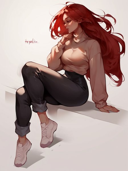 score_9, score_8_up, score_7_up, score_6_up, score_5_up,   <lora:itsyelizXLP:1> itsyeliz,, 1girl, black pants, curvy, long hair, red hair, sitting,