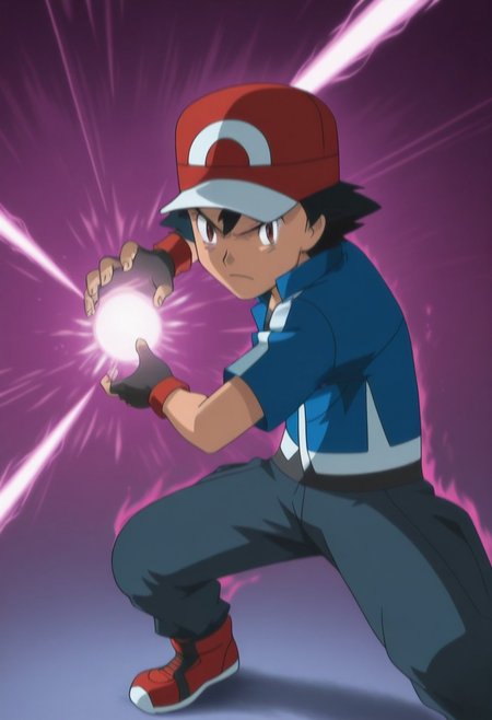 masterpiece, best quality, PokemonStyle, ashxyz, 1boy, male focus, solo, brown eyes, black hair, bangs, hat, baseball cap, red footwear, shirt, black shirt, jacket, blue jacket, short sleeves, gloves, black gloves, fingerless gloves, kamehameha, energy ball, aura, looking at the viewer, serious face, scream