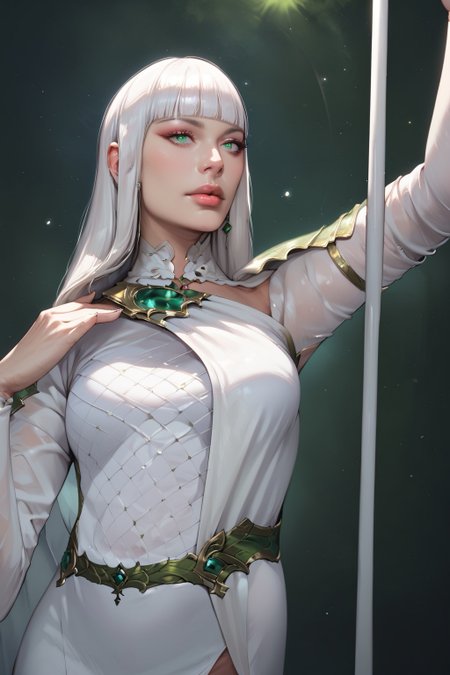 <lora:Moonmaiden_Selune_v2_Baldurs_Gate_PONY_XL_by_UOC:1>
score_9, score_8_up, score_7_up,derpibooru_p_95, 
selune, 
selune \(baldurs gate goddess\), 
goddes selune \(baldurs gate goddess\), 
 1girl, solo, long hair, breasts, bangs, dress, green eyes, white hair, blunt bangs, white dress, lips,