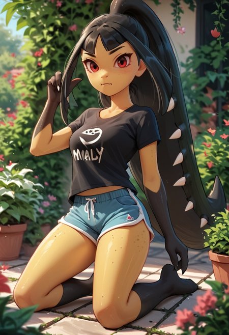 zPDXL3, score_9, score_8_up, score_7_up, score_6_up, score_5_up, score_4_up, 1girl, solo, medium breasts,
grimace, kneeling, t-shirt, lowleg shorts, garden,
pkmaw,