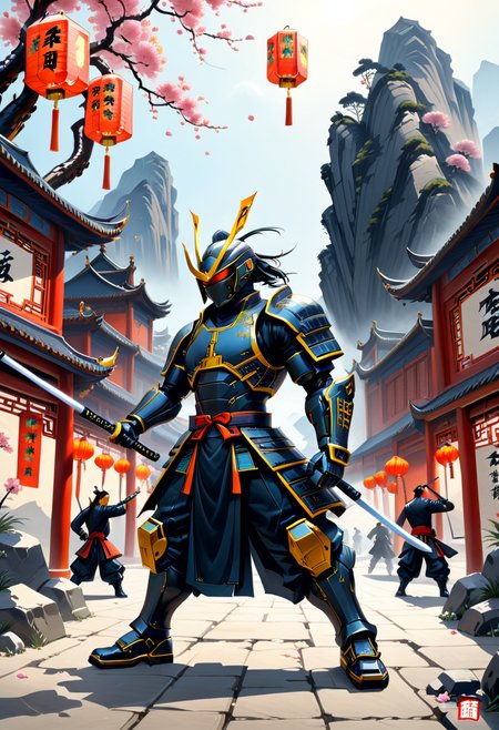 Sinoink, cyberpunk robot samurai, battlestance, fighting stance, holding katana, chinese landscape, chinese buildings, chinese village, paper lanterns,
<lora:Classical_Ink:1.5>
<lora:add-detail-xl:1>
<lora:dark:0.4>
<lora:CyberPunk_Robot_Samurai:0.5>