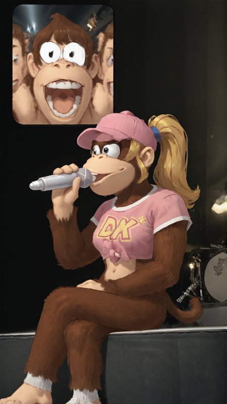 <lora:FanScreamingAtMadisonBeer_XLPD:1> FanScreamingMeme, open mouth, sitting, music, holding microphone, singing, screen, phone, BREAK, <lora:Donkey_Kong:0.8> Kong, donkey kong, 1boy, necktie, holding microphone, singing, <lora:Dixie_and_Tiny_Kong:0.8> 1girl, dixiekong, monkey, blonde hair, ponytail, pink hat, pink crop top, score 9, score 8 up, score 7 up, score 6 up, score 5 up, score 4 up,