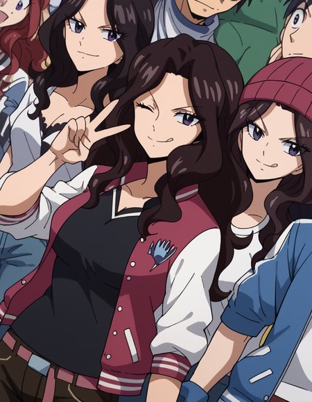 score_9, score_8_up, score_7_up, source_anime, <lora:cana-alberona-s7-ponyxl-lora-nochekaiser:1>, cana alberona, long hair, black hair, purple eyes, wavy hair, parted bangs, large breasts,, <lora:letterman-jacket-ponyxl-lora-nochekaiser:1>, letterman jacket, jacket,, outdoors, crowd, people, v, v over eye, one eye closed, tongue out, smile, beanie, pants, open clothes, open jacket, , cowboy shot, dutch angle