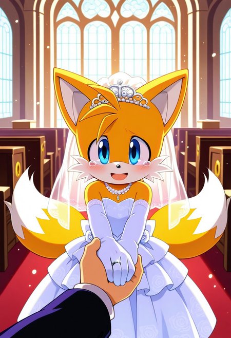 moe, cute,masterpiece, super fine illustration, best quality, light particles, ultra-detailed, 8K wallpaper, pov ,background:church,church altar, indoors,zuppu11,
male,1boy,canid,fox,
sonic the hedgehog \(series\), (Miles Prower),tails \(sonic\), 
yellow fur,white fur,[white chest tuft:0.5],white inner ears,two tails,
 mermaid wedding dress,wedding dress, wedding veil,white dress,wedding ring ,tiara, sfw, blush, 
blue eyes,smile, open smile mouth,tears,happy tears,tears of joy, 
BREAK,
white hand,white gloves,gloves,faceless male,  suit sleeves, holding hand,