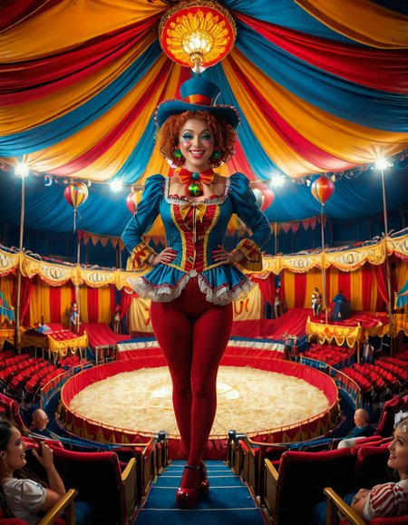 rating_safe,A vibrant and colorful scene inside a grand circus tent,grand c1rcus, featuring a woman dressed as a whimsical clown. She is wearing an elaborate costume with a mix of bold patternsâred and white stripes, polka dots, and bright yellow accents. Her makeup is detailed, with a white face, exaggerated rosy cheeks, and a cheerful red nose. Her hair is styled in playful, oversized curls, dyed in shades of blue and pink. She is standing center stage, under a spotlight that casts a warm glow, making her sequined outfit sparkle. Her pose is dynamic and engaging, as if she is about to perform a trick or joke, with a wide, inviting smile. The background showcases the lively atmosphere of the circus, with colorful banners, a large audience in shadowy rows, and hints of other performers or props like juggling pins or unicycles. The overall lighting is bright and cheerful, emphasizing the magical, festive mood of the circus.<lora:SDXLFaeTastic2400:0.4> <lora:extremely_detailed:0.4> extremely detailed, <lora:grand_c1rcus:1>, Masterpiece,best quality,hi res,8k,hi res,8k,award winning,(sharp focus, intricate, highly detailed),