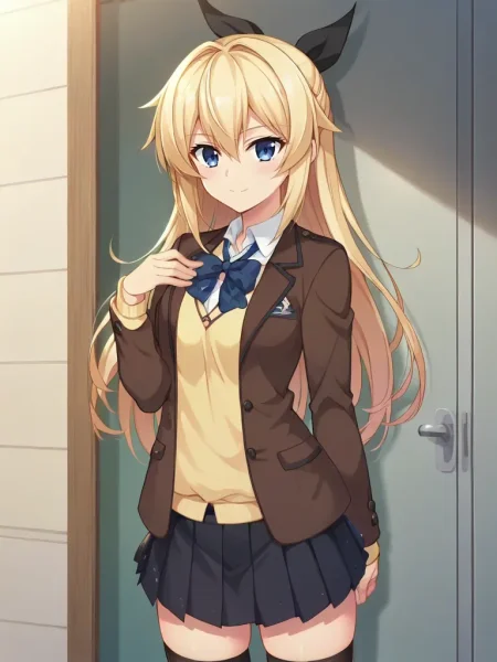 score_9, score_8_up, score_7_up, 2d, anime_screencap, source_anime <lora:azusapxc2pony:1>,
1girl, solo, kurashikiazusa, long hair, blonde hair, blue eyes, hair ribbon, brown blazer, open clothes yellow shirt, black pleated skirt, black thighhighs, school uniform, indoors, standing, smile, leaning, wall