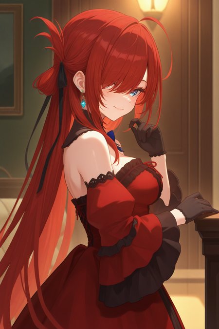 masterpiece, best quality, absurdres, safe <lora:riviere_IL:1>
1girl riviere
red dress, detached collar, detached sleeves, bare shoulders, long sleeves, jewelry, black gloves, wide sleeves, red sleeves
from side, looking at viewer, smile