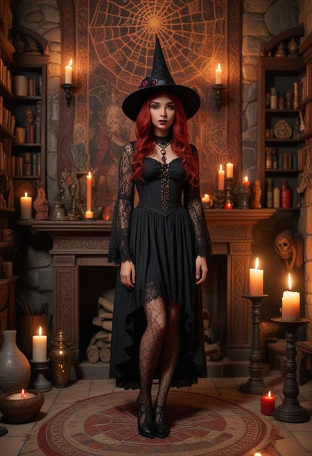 (medium full shot) of (angelic witch) young woman, black american, dark eyes, dark skin, dark skin, brown eyes, normal build, red hair,  wearing Vintage-inspired black lace dress, patterned stockings, black Mary Janes, (Pointed hat with intricate spiderweb lace overlay), potion vials filled with colorful liquids, set in  witch coven, Ritual Chamber, Dimly lit space with ancient tapestries adorning stone walls, a large wooden altar in the center, ornate candle holders, ritualistic symbols carved into the floor, and an assortment of mystical artifacts displayed on shelves , at night, surprised, open mouth, running toward the viewer, Masterpiece,best quality, photorealistic, amazing quality, very aesthetic, extremely detailed face,
