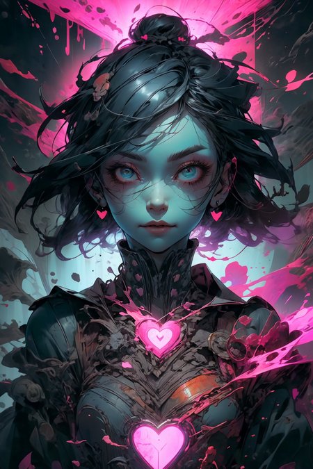 illustration, cartoon, soothing tones, calm colors, (solo:1.1), a digital arf of a undead girl, (pink, heart, love:1.1), wounds, (deathcore:1.2), mistery pink forest, extreme detail, morbid, paper texture, 2d, (pascal campion:0.38), vivid colors, (painting art:0.06), [eclectic:clear:0.8], slate atmosphere, cinematic, dimmed colors, dark shot, muted colors, film grainy, lut, spooky
<lora:more_details:0.4>
 <lora:Cosmic anime-oil fusion v2:0.45> 
<lora:AnimeVibesV3:0.3> animevibes, 
<lora:3DMM_V11:0.5> 3DMM 
<lora:midjourney_20230624181825:0.65> midjourney ,
 <lora:LAS:0.5> cloud,colorful,
<lora:msw_locon-t2:0.6>
 <lora:wuxia2:0.5> gu,
 <lora:CyberpunkStyleV1:0.2> PunkAI ,
<lora:CatgirlMaidV1.0-000003:0.6> CatgirlMaid, shiny, shiny hair, shiny skin, shiny clothes