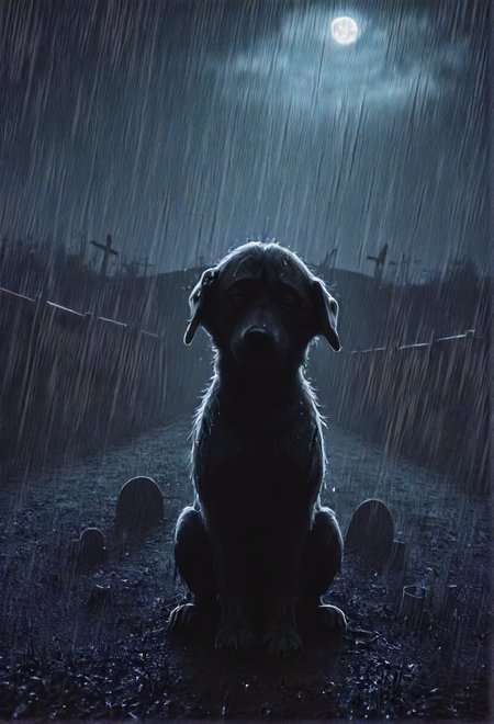 sad dog bidding farewell on a (grave:0.5) unknown, graveyard, dark, night, rain, serene, (realistic:1.1), highly detailed, atmospheric, sharp, wet fur,   <lora:- SDXL - vanta_black_pony_V1.0:0.8> <lora:- SDXL - pony_random_stuff_V1.0-step00002500:0.8>