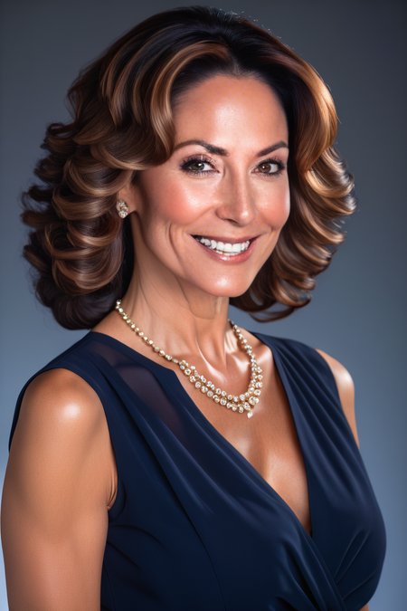 majmilfad, Professional LinkedIn-style headshot of a beautiful 40 year old woman, wearing a dark navy blue blouse, tasteful makeup and subtle jewelry, elegant curly long bob hairstyle, confident soft smile, smooth glowing skin, posed against a soft gray or gradient backdrop, studio lighting, shallow depth of field, highly detailed, photo-realistic portrait