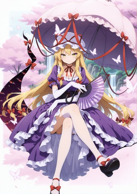 absurdres, highres, masterpiece, best quality, amazing quality, official anime artwork, screencap, anime screencap, looking at viewer, dynamic pose, 
<lora:Yakumo-Yukari_Illustrious:1> yakumo yukari, 1girl, solo, blonde hair, yellow eyes, long hair, sidelocks,, mob cap, white headwear, hat ribbon, red ribbon, red bow, purple dress, elbow gloves, white gloves, puffy short sleeves, neck ribbon, frills,
light smile, umbrella, butterfly, day, gap (touhou), folding fan, waterfall,
