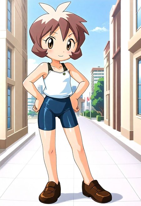 <lora:Hyper-SDXL-8steps-lora:1><lora:Fixhands_anime_bdsqlsz_V1:1>zPDXL2, score_9, score_8_up, score_7_up, source_anime, intricate details, perfect anatomy BREAK
1girl, solo, bj-shout, brown hair, short hair, antenna hair, brown eyes, white shirt, bare shoulders, black bike shorts, brown shoes,
upskirt, hands on hips, Flirty, A playful smile, arched eyebrows, and a slightly tilted head.,
outdoors, city, tokyo, japan,
 <lora:bj-shout_XL(pony)v10:0.9>