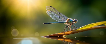 ultra-high-resolution, 8k, 4k, bokeh-macro, iridescence, ultra-high-resolution macro nature photography with shallow depth of field, very aesthetic, close-up macro photo of a shimmering dragonfly with six legs perched on the tip of a long curved blade of reed by the edge of a still pond, its wings extended and catching the sunlight like stained glass, the translucent membranes reveal fine lattice structures that glimmer with subtle iridescent hues of silver, blue-green, and violet, the surface of the pond lies quiet and mirror-like, reflecting soft sky tones and overhanging tree branches in a slightly rippled blur, creating the illusion of depth and tranquility, the background fades into a painterly defocus of mossy greens, hazy golds, and hints of warm sky blue, giving the image a dreamlike atmosphere and emphasizing the fragility of the dragonfly, the camera is angled at eye-level with the reed, offering a contemplative, naturalist perspective, as though observing through the lens of a field biologist at golden hour, lighting is gentle and natural, filtered through tree branches above, casting dappled sun patterns across the scene, catching highlights in the dragonflyâs wings and shimmering in the pondâs reflection, photographed with a high-end macro lens and natural light in the late afternoon, capturing crisp foreground textures and a soft atmospheric falloff, evoking serenity and precision in equal measure, ovg, photograph, <lora:bokeh_and_macro-flux-by_marielle:0.68>